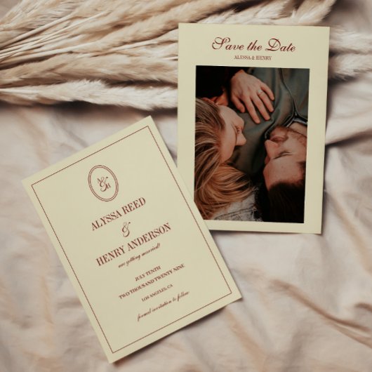 エレガントでクラシカルなアイボリー・モノグラム・スクリプトの結婚式写真 セーブザデート