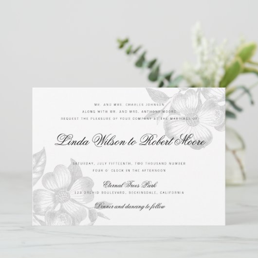 エレガントでクラシカルなドッグウッドの花の結婚式招待状 招待状 (スタンド正面)
