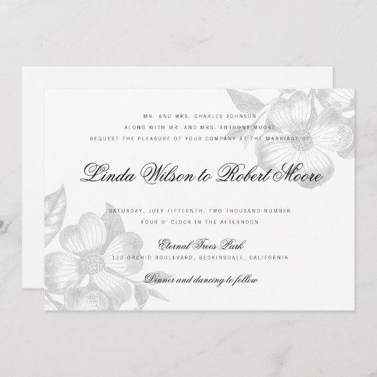 エレガントでクラシカルなドッグウッドの花の結婚式招待状 招待状 (正面/裏面)