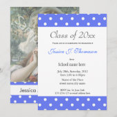 エレガントでクラシカルな青と白の水玉 卒業 招待状 (正面/裏面)