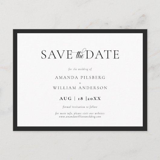 エレガントでクラシカルな黒と白のSave the Date ポストカード (正面)