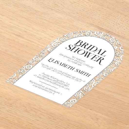 エレガントでクラシックなホワイト フロリッシュ ウィンター ブライダル シャワー アクリル招待状 (レイダウン)