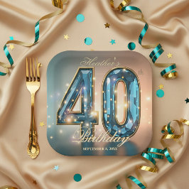 エレガントでゴージャスなティールクリスタルの40歳の誕生日パーティー ペーパープレート