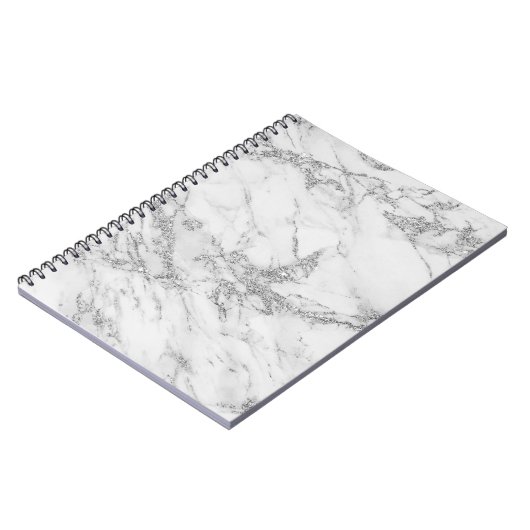 エレガントでシックで白い灰色の銀製のグリッターの大理石 ノートブック (左側)