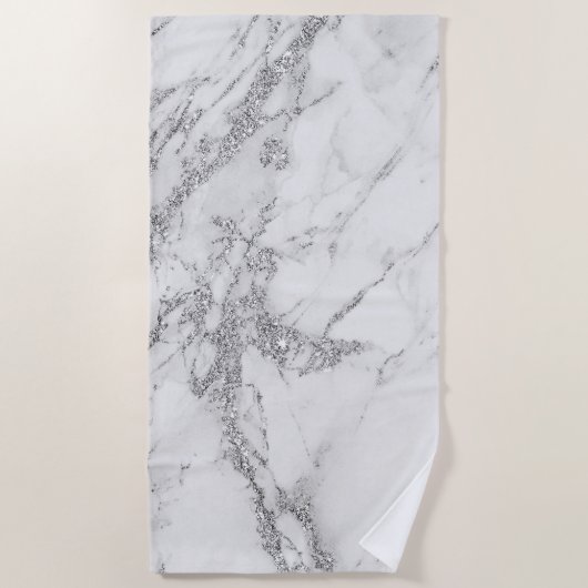 エレガントでシックで白い灰色の銀製のグリッターの大理石 ビーチタオル (正面)