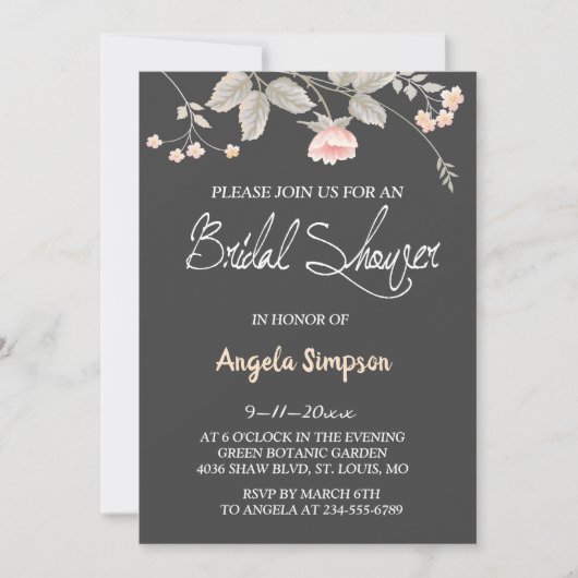 エレガントでシックな水彩画の花のブライダルシャワーカード 招待状 (正面)