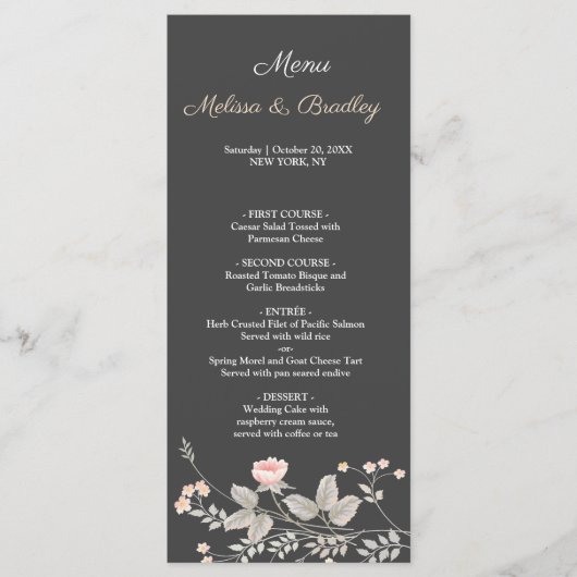 エレガントでシックな水彩花イラストのウェディングメニュー プログラム (正面)