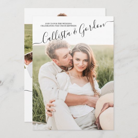 エレガントでシンプルなスクリプト写真コラージュ ウェディング 招待状 (正面/裏面)