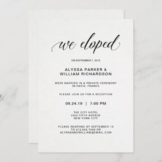 エレガントでシンプルなタイポグラフィー 私たちは駆け落ちしました | レセプション 招待状 (正面/裏面)