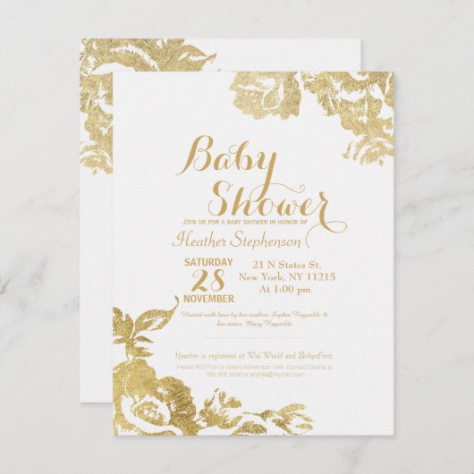 エレガントでシンプルなモダンのばら色の花の金ゴールドのベビーシャワー 招待状 (正面/裏面)