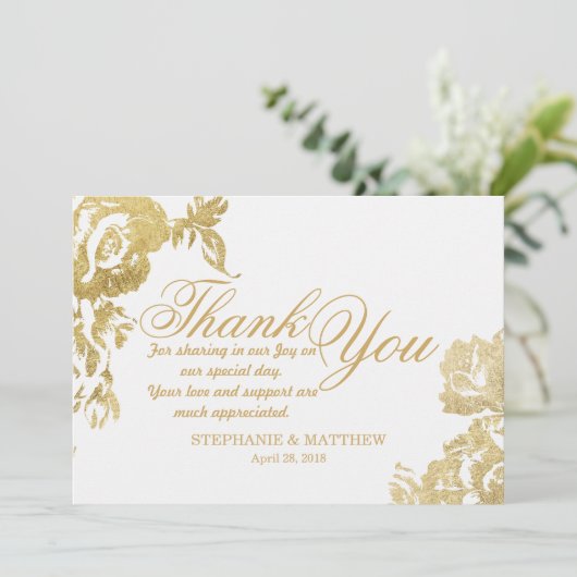 エレガントでシンプルなモダンのばら色の花の金ゴールドは感謝していしています サンキューカード (スタンド正面)