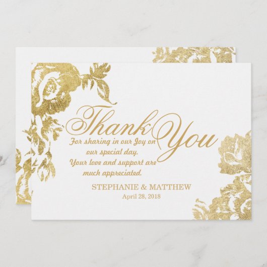 エレガントでシンプルなモダンのばら色の花の金ゴールドは感謝していしています サンキューカード (正面/裏面)