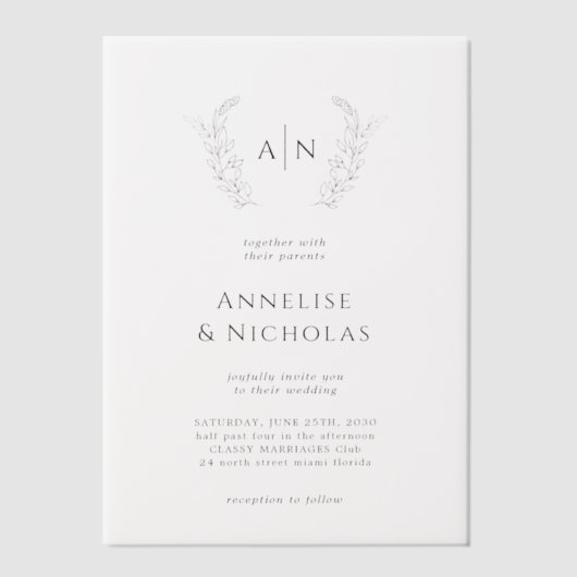 エレガントでシンプルなモノグラムオーバーレイウェディング ベラム紙招待状 (正面)