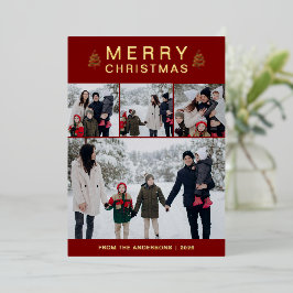 エレガントでシンプルなモミの木のクリスマス家族4写真 箔シーズンカード