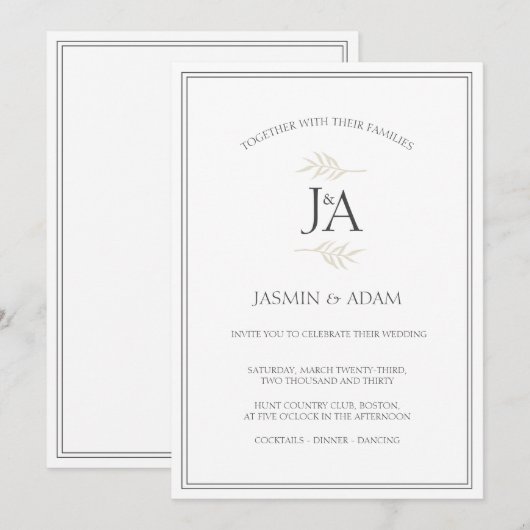 エレガントでシンプルな白のクラシックイニシャル ウェディング  招待状 (正面/裏面)