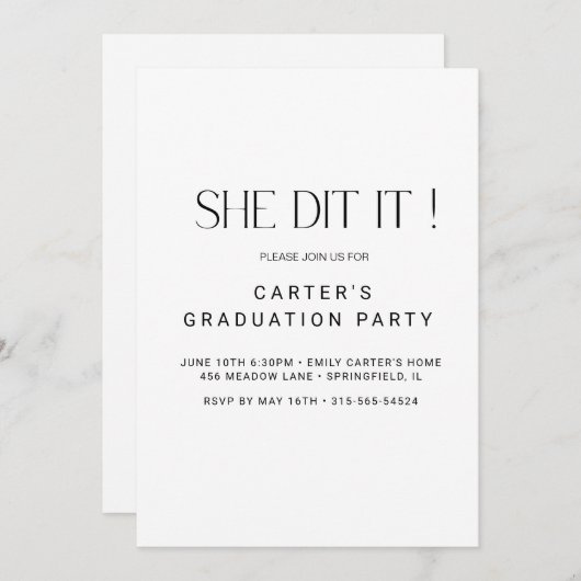 エレガントでシンプルな黒と白の卒業式招待状 招待状 (正面/裏面)