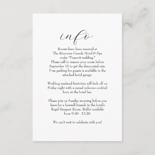 エレガントでシンプルな黒と白の結婚式情報 エンクロージャーカード (正面)