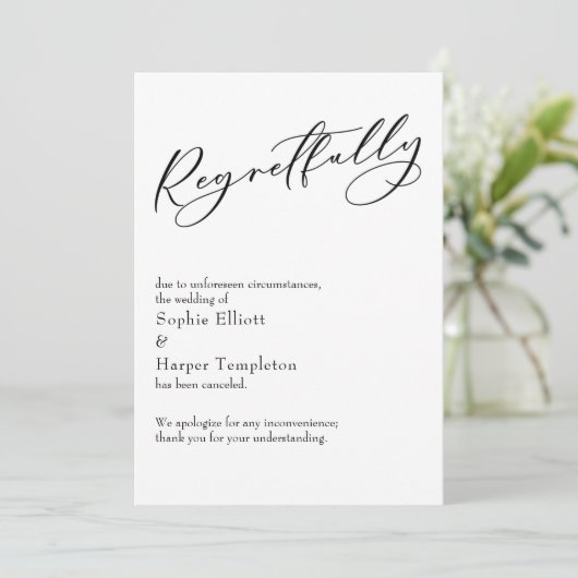 エレガントでシンプルな「残念ながら」キャンセルされた結婚式のカード 招待状 (スタンド正面)