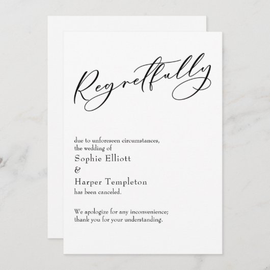 エレガントでシンプルな「残念ながら」キャンセルされた結婚式のカード 招待状 (正面/裏面)