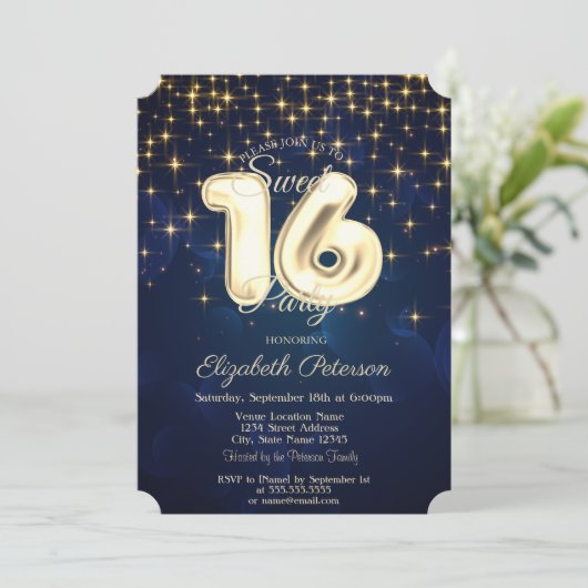 エレガントでスタイリッシュなゴールドの星たち ネイビーブルーのスイート16 招待状 (スタンド正面)