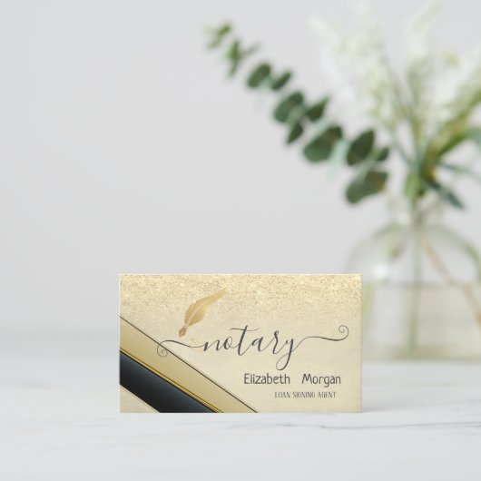 エレガントでスタイリッシュなゴールドの羽根のノートカバー/輝きを放つ 名刺 (スタンド正面)