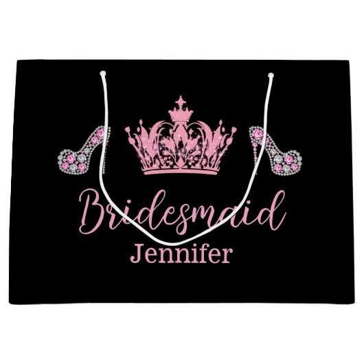 エレガントでスタイリッシュなピンクのスクリプトのブライズメイドブラック ラージペーパーバッグ (正面)