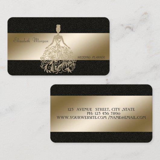 エレガントでスタイリッシュなブラックとゴールドグリッタードレス 名刺 (正面/裏面)
