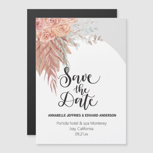 エレガントでスタイリッシュなボヘミアンテラコッタパンパスグラス マグネット招待状 (正面/裏面)