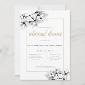 エレガントでスタイリッシュなマグノリア ゴールド リハーサル ディナー 招待状 (正面)