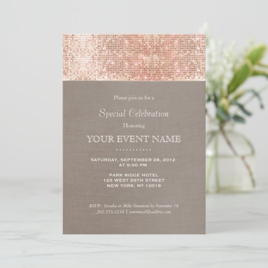 エレガントでスタイリッシュな偽のローズゴールドのスパンコルパーティー 招待状 (スタンド正面)