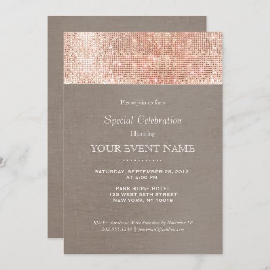 エレガントでスタイリッシュな偽のローズゴールドのスパンコルパーティー 招待状 (正面/裏面)