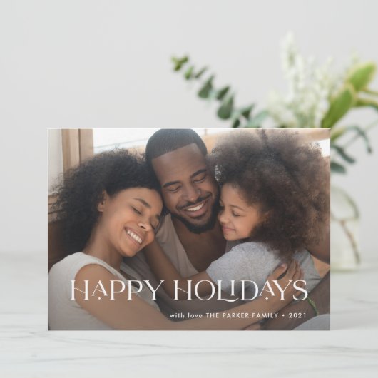 エレガントでハッピーなホリデー | ワンフォト ネイビーブルー シーズンカード (スタンド正面)