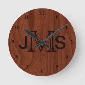 エレガントでパーソナライズなモノグラム|のマホガニーの木製の一見 ラウンド壁時計 (正面)