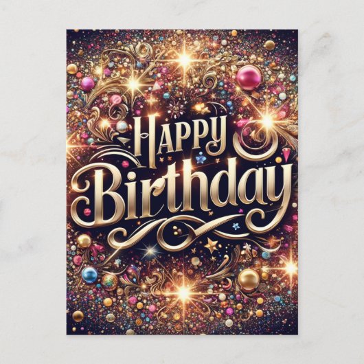エレガントでビビッドなグリッタバースデー ポストカード (正面)