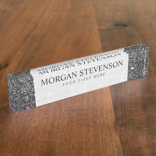 エレガントでフェイクで黒いグリッター デスクネームプレート (側面)