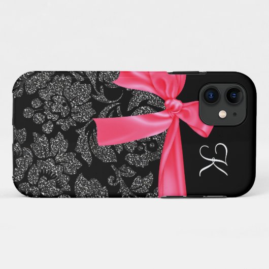 エレガントでフェイクなグリッターのダマスク織のガーリーなショッキングピンクの弓 Case-Mate iPhoneケース (裏面(横))