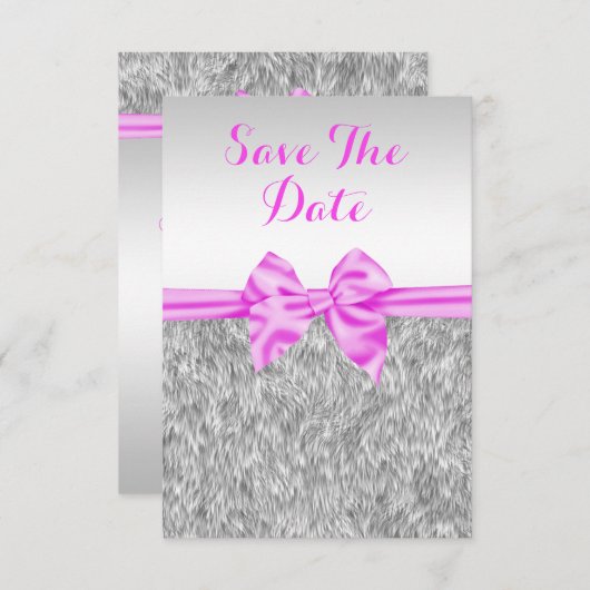 エレガントでフェイクな毛皮及びピンクの弓誕生日の保存日付 セーブザデート (正面/裏面)