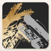 エレガントでフェイクな金ゴールドおよび灰色ブラシストローク スクエアペーパーコースター (正面)