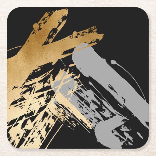 エレガントでフェイクな金ゴールドおよび灰色ブラシストローク スクエアペーパーコースター (正面)
