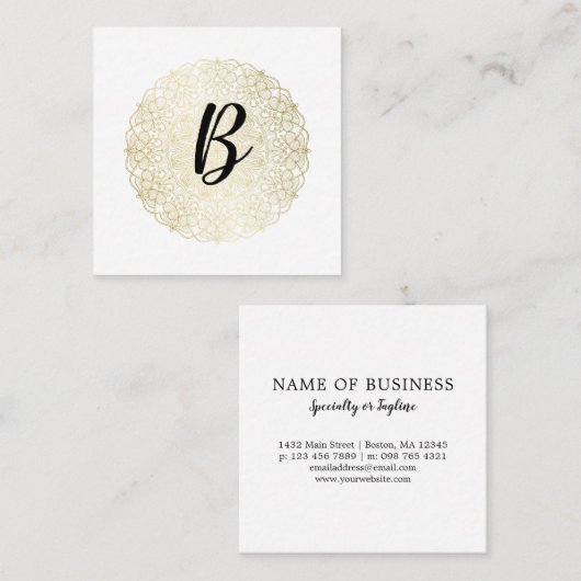 エレガントでフェイクな金ゴールドのレース-書道のモノグラム スクエア名刺 (正面/裏面)