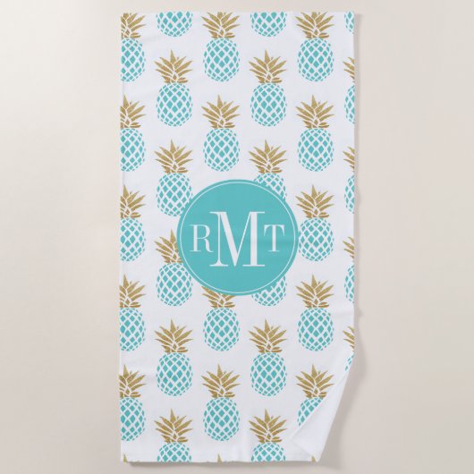 エレガントでフェイクな金ゴールドの熱帯パイナップルパターン ビーチタオル (正面)