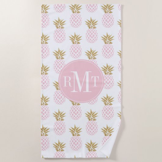 エレガントでフェイクな金ゴールドの熱帯パイナップルパターン ビーチタオル (正面)