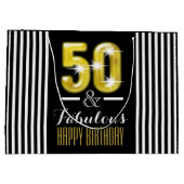 エレガントでフェイクな金ゴールドの白黒の第50誕生日のストライブ柄 ラージペーパーバッグ (裏面)