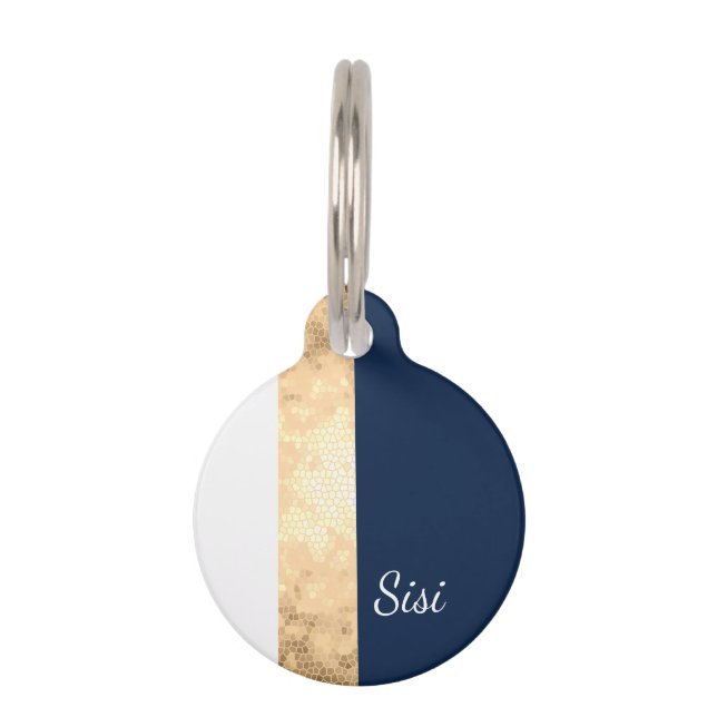 エレガントでフェイクな金ゴールド、濃紺、白のストライブ柄 ペット　ネームタグ (正面)