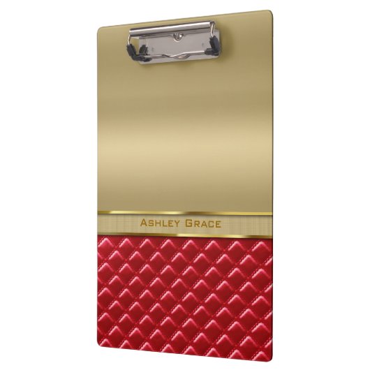 エレガントでフェイクな金属金ゴールドによってキルトにされる赤い革 クリップボード (左)