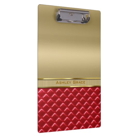 エレガントでフェイクな金属金ゴールドによってキルトにされる赤い革 クリップボード (右)