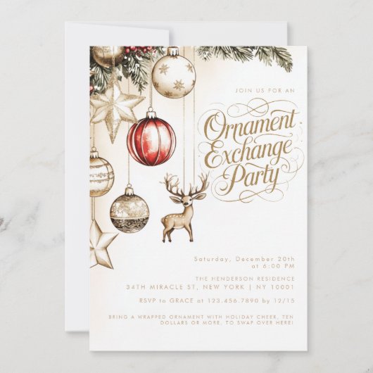 エレガントでフェスティブなオーナメント交換クリスマスパーティ 招待状 (正面)