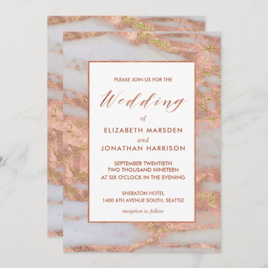 エレガントでフォーマルなばら色の金ゴールドの大理石の原稿の結婚式 招待状 (正面/裏面)