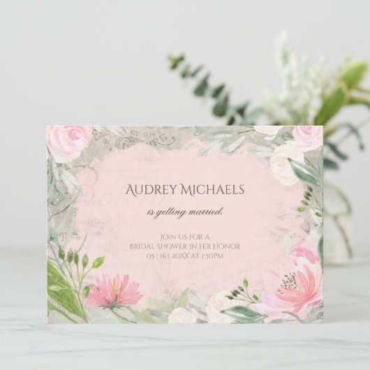 エレガントでフランスのなピンクの花のロマンチックなブライダルシャワー 招待状 (スタンド正面)