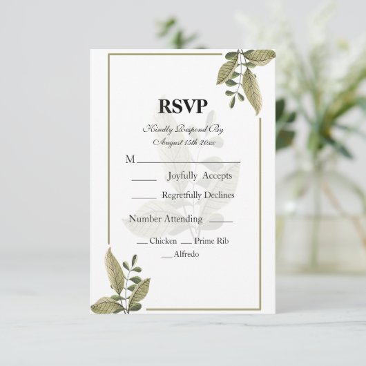 エレガントでミニマリストなグリーンWedding RSVPカード (スタンド正面)